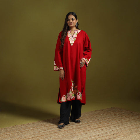 Red - handwoven aari embroidered kashmiri merino wool