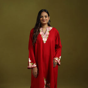 Red - handwoven aari embroidered kashmiri merino wool