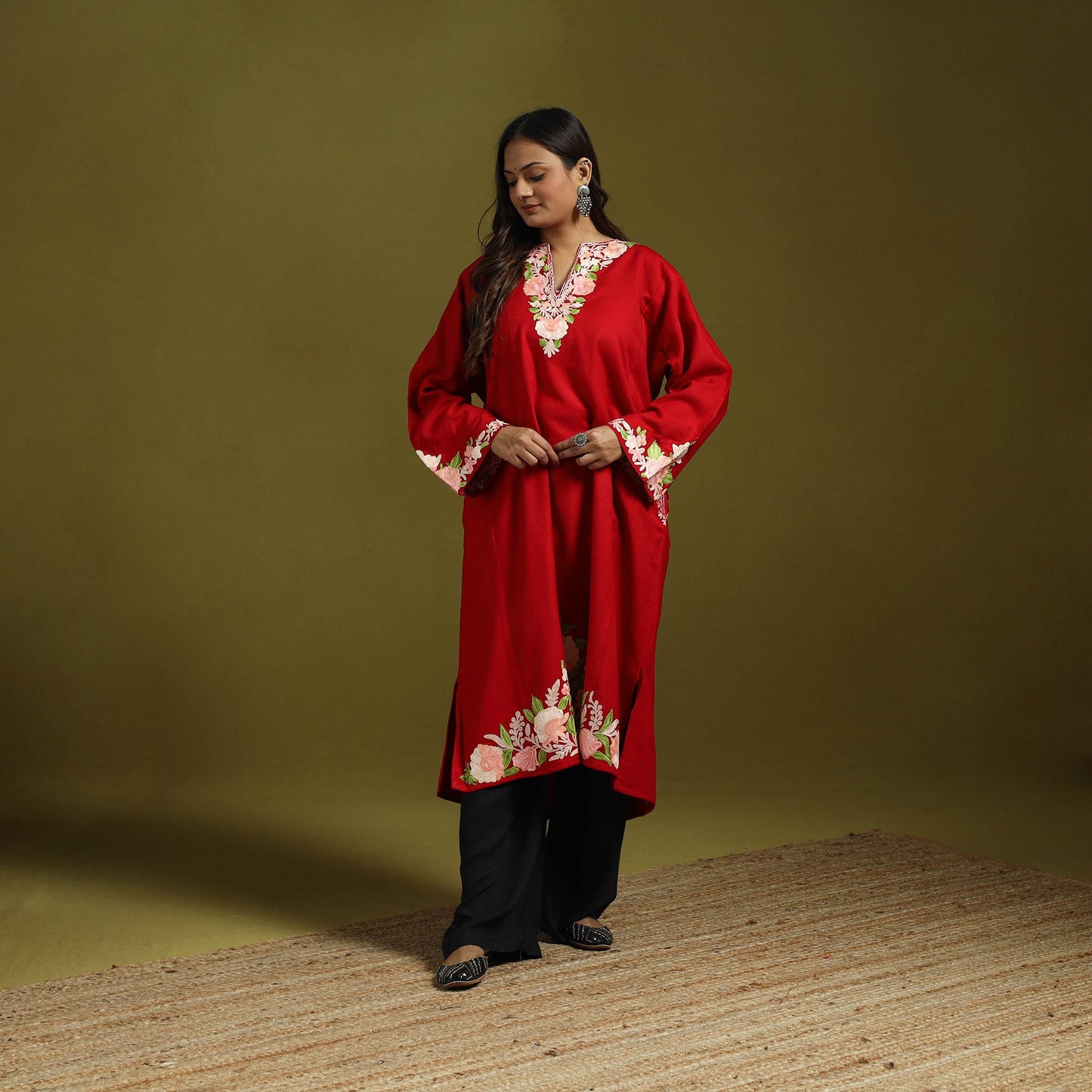 Red - handwoven aari embroidered kashmiri merino wool