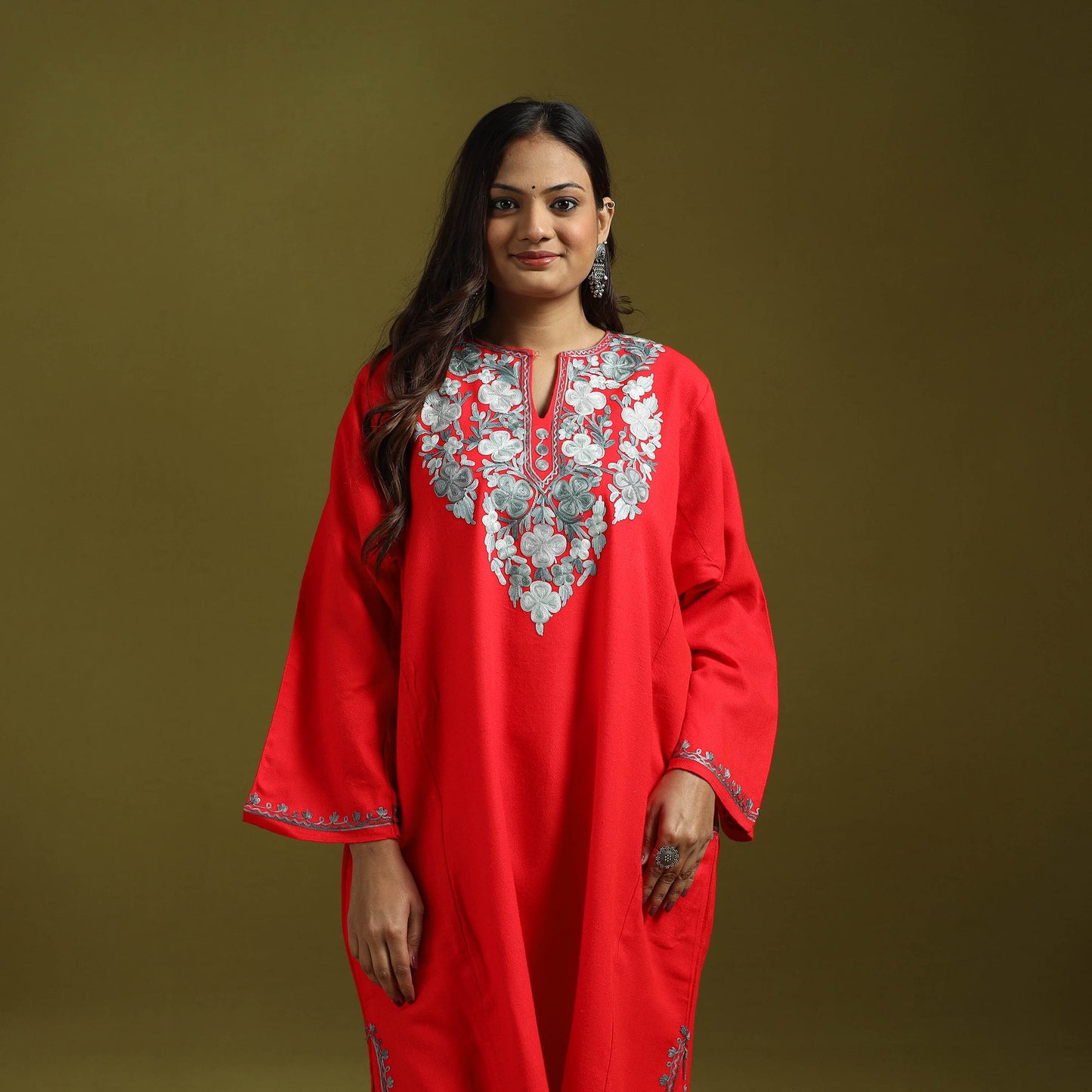 Red - handwoven aari embroidered kashmiri merino wool