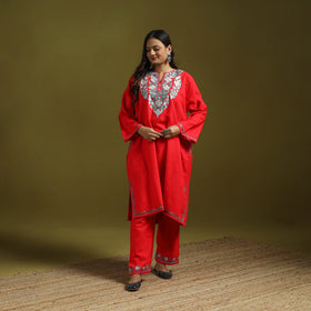 Red - handwoven aari embroidered kashmiri merino wool