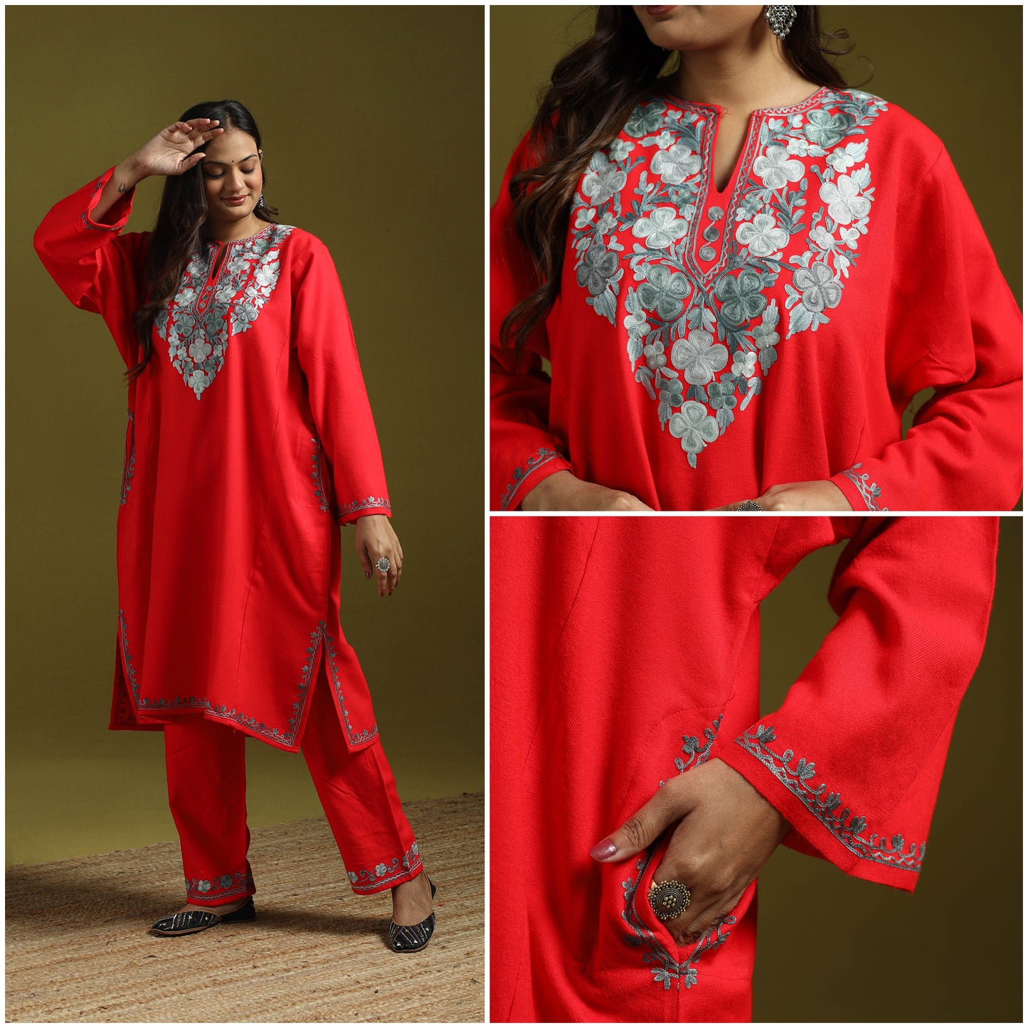 Red - handwoven aari embroidered kashmiri merino wool
