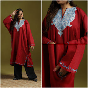 Red - handwoven aari hand embroidered kashmiri merino wool