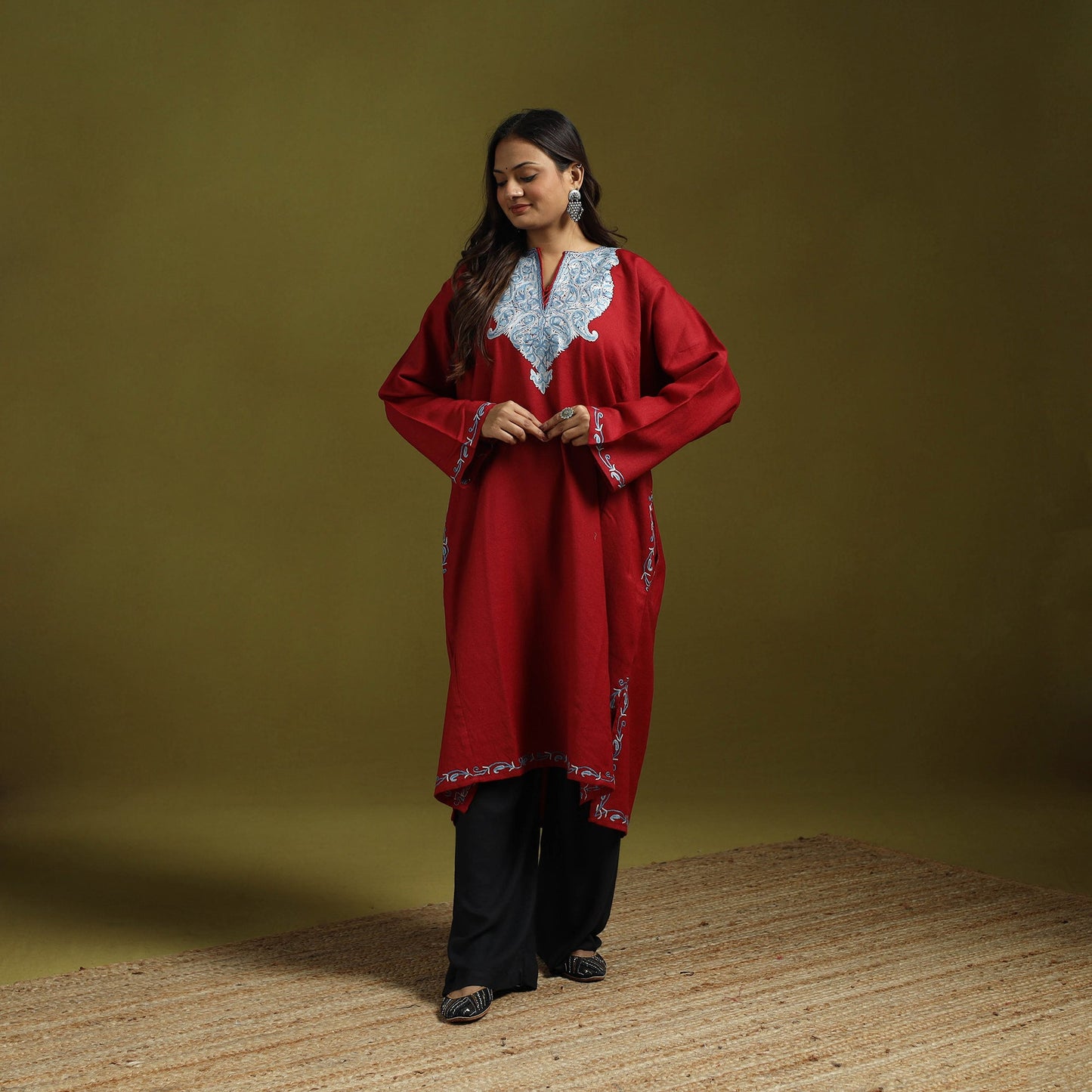Red - handwoven aari hand embroidered kashmiri merino wool