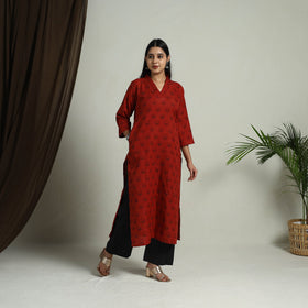 Red Block Print Handwoven Cotton Straight Mangalagiri Kurta