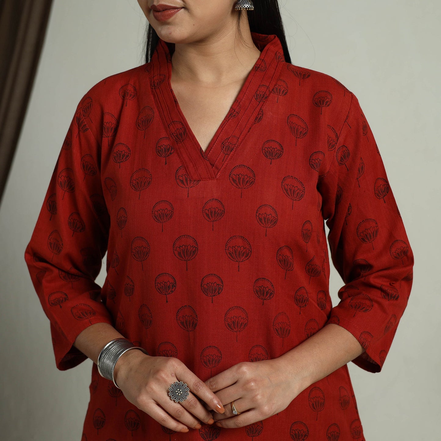 Red Block Print Handwoven Cotton Straight Mangalagiri Kurta