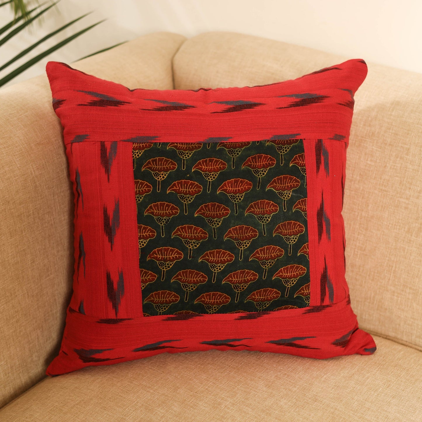 Red Ikat Cotton with Ajrakh Modal Silk Cushion Cover