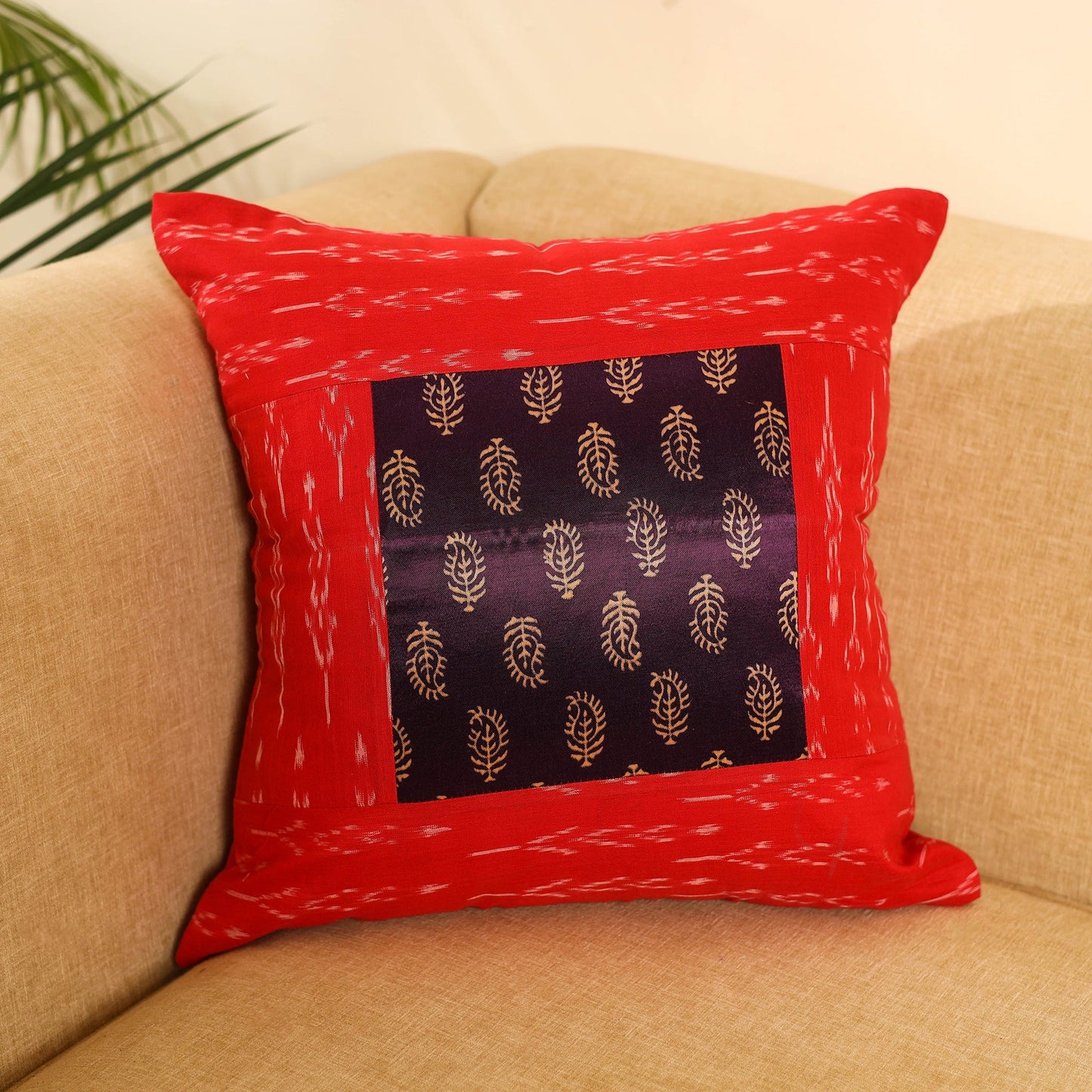  Red Ikat Cotton with Ajrakh Modal Silk Cushion Cover