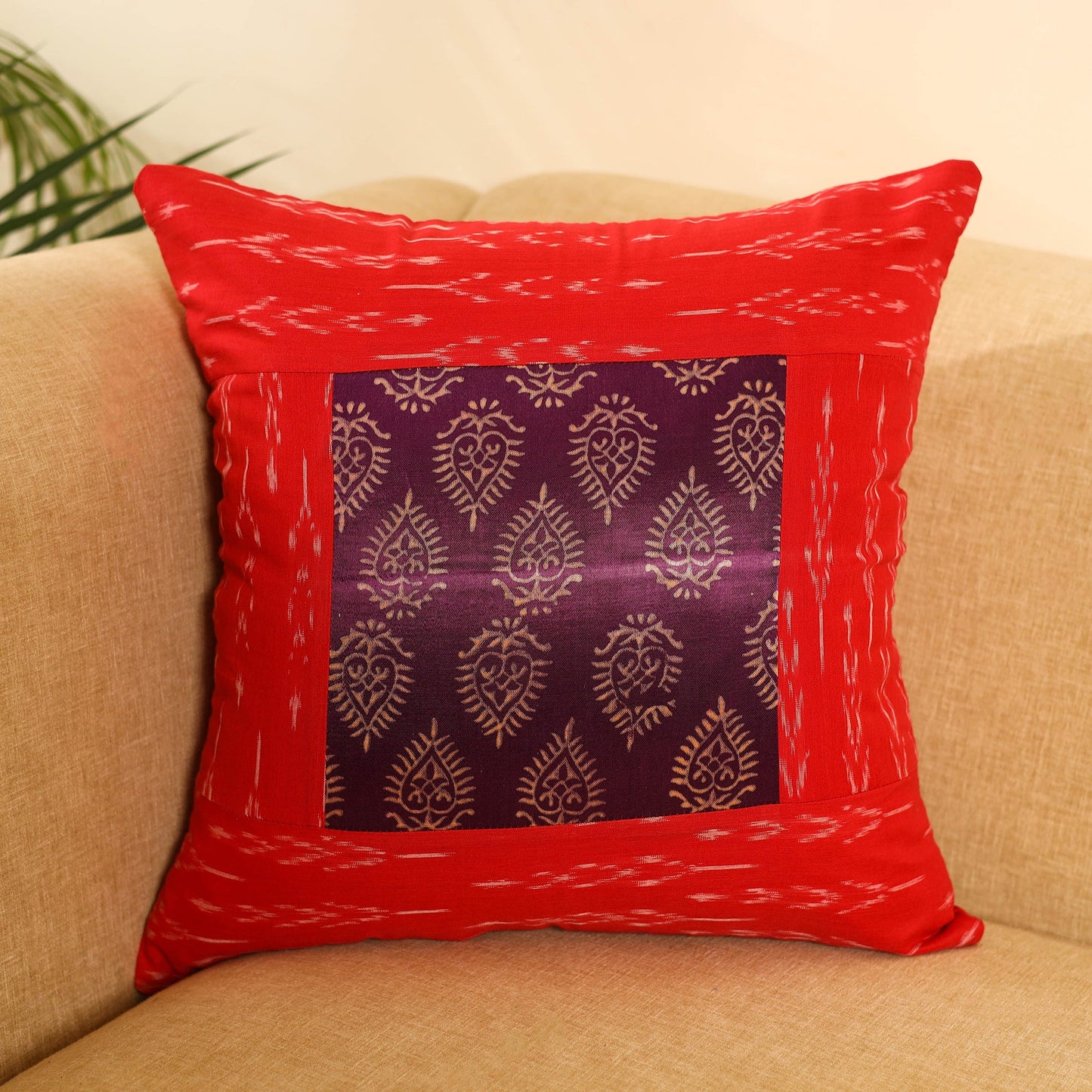 Buy Red Ikat Cotton with Ajrakh Modal Silk Cushion Cover