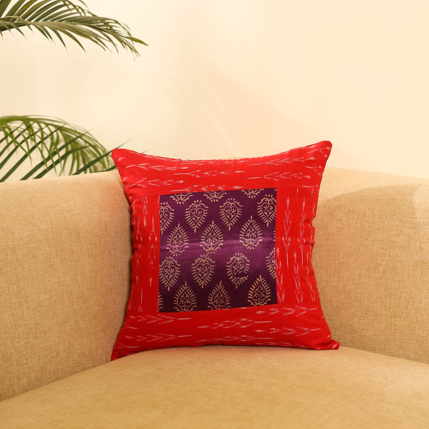 Buy Red Ikat Cotton with Ajrakh Modal Silk Cushion Cover