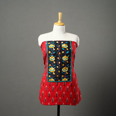 Red - ikat cotton unstitched kurta material with patchwork