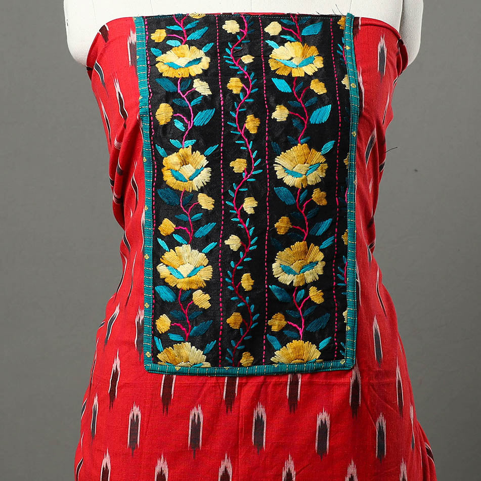 Red - ikat cotton unstitched kurta material with patchwork
