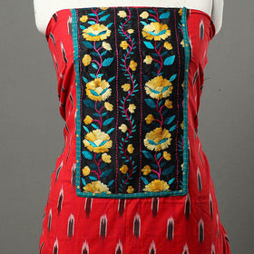 Red - ikat cotton unstitched kurta material with patchwork