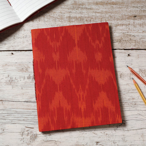 Red - Ikat Fabric Cover Handmade Paper Notebook (9 x 7 in)