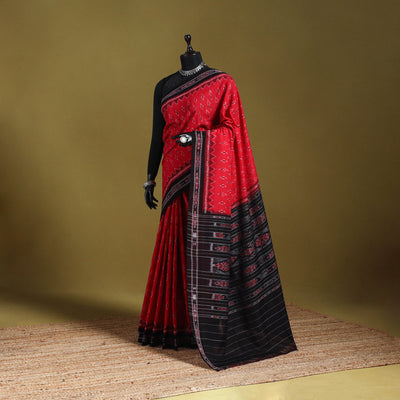 Red - ikat handloom cotton sambalpuri saree 03 - handcrafted