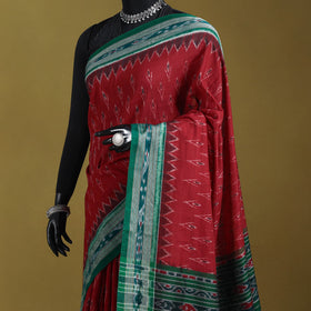 Red - ikat handloom cotton sambalpuri saree 13 - handcrafted