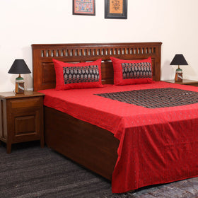 Red - ikat with modal silk patch cotton bedsheet set 34