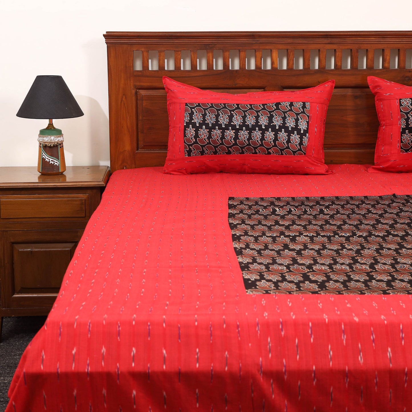 Red - ikat with modal silk patch cotton bedsheet set 34
