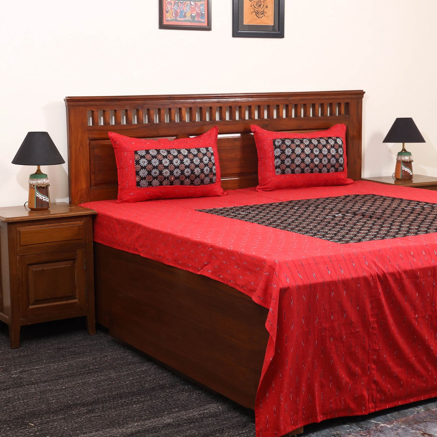 Red - ikat with modal silk patch cotton bedsheet set 36
