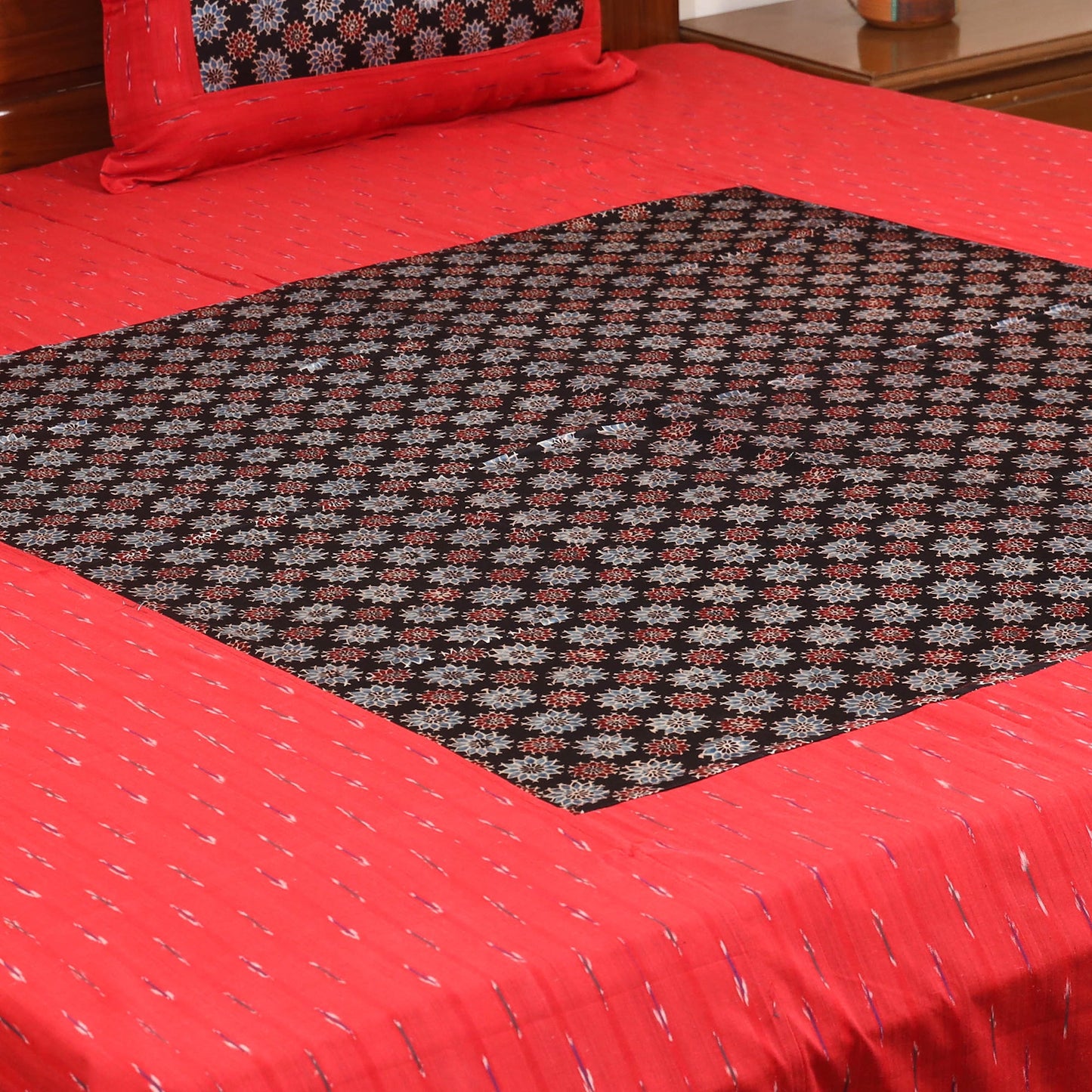 Red - ikat with modal silk patch cotton bedsheet set 36