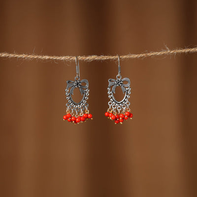 Red - inaya german silver beaded earrings - handcrafted