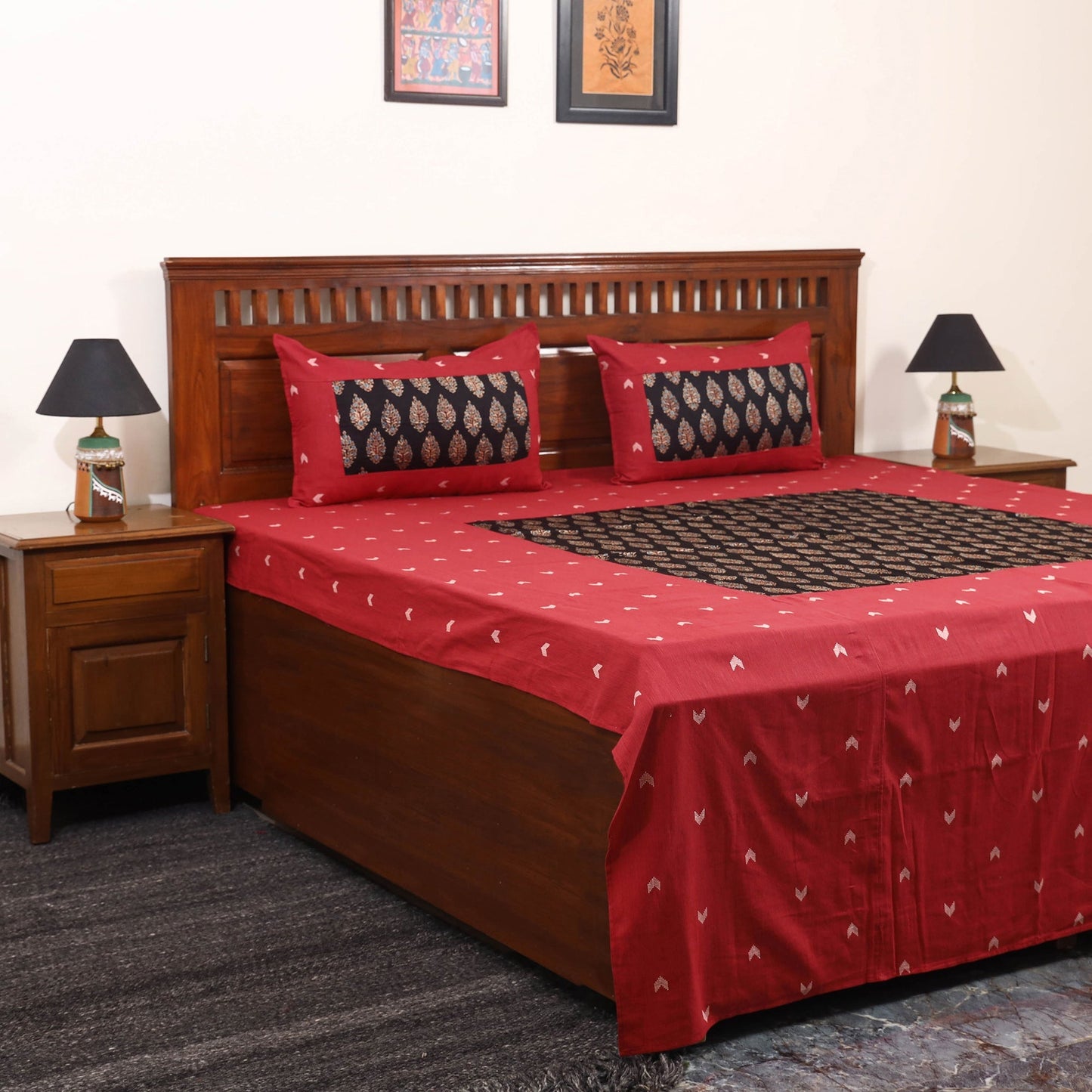 Red Jacquard with Ajrakh Modal Silk Patch Cotton Bedsheet Set