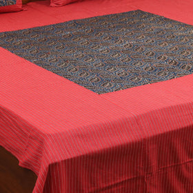 Red Jacquard with Ajrakh Modal Silk Patch Cotton Bedsheet Set