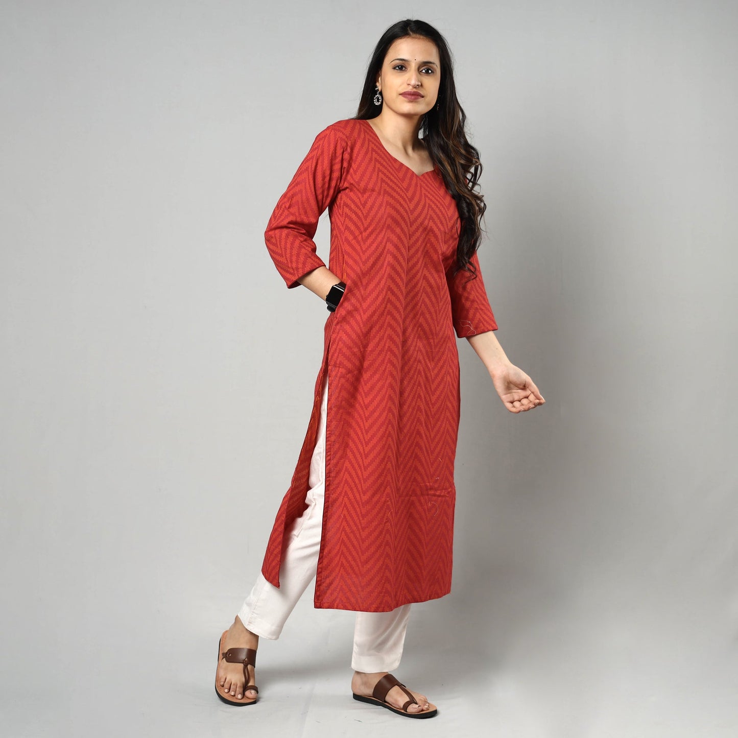 Red - jacquard cotton long kurta - handcrafted