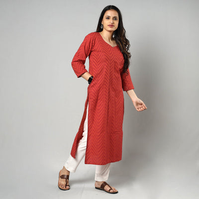 Red - jacquard cotton long kurta - handcrafted