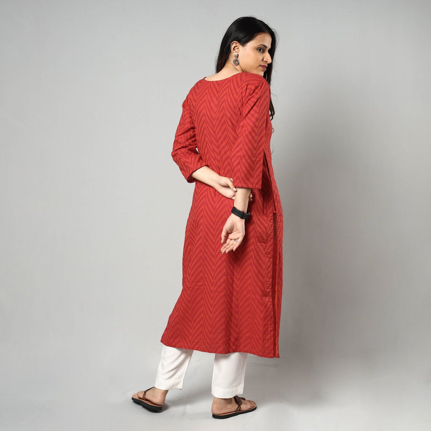 Red - jacquard cotton long kurta - handcrafted