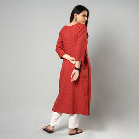 Red - jacquard cotton long kurta - handcrafted