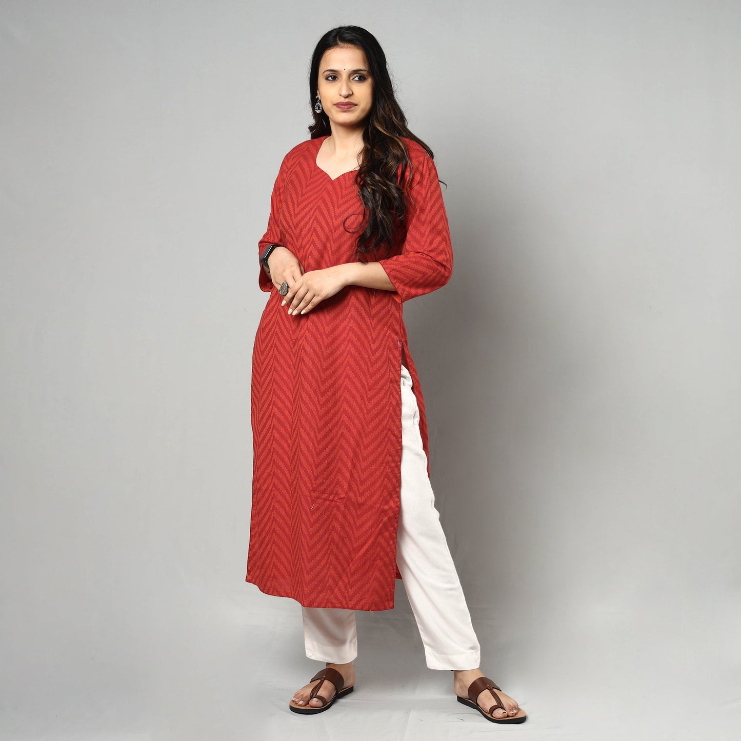 Red - jacquard cotton long kurta - handcrafted