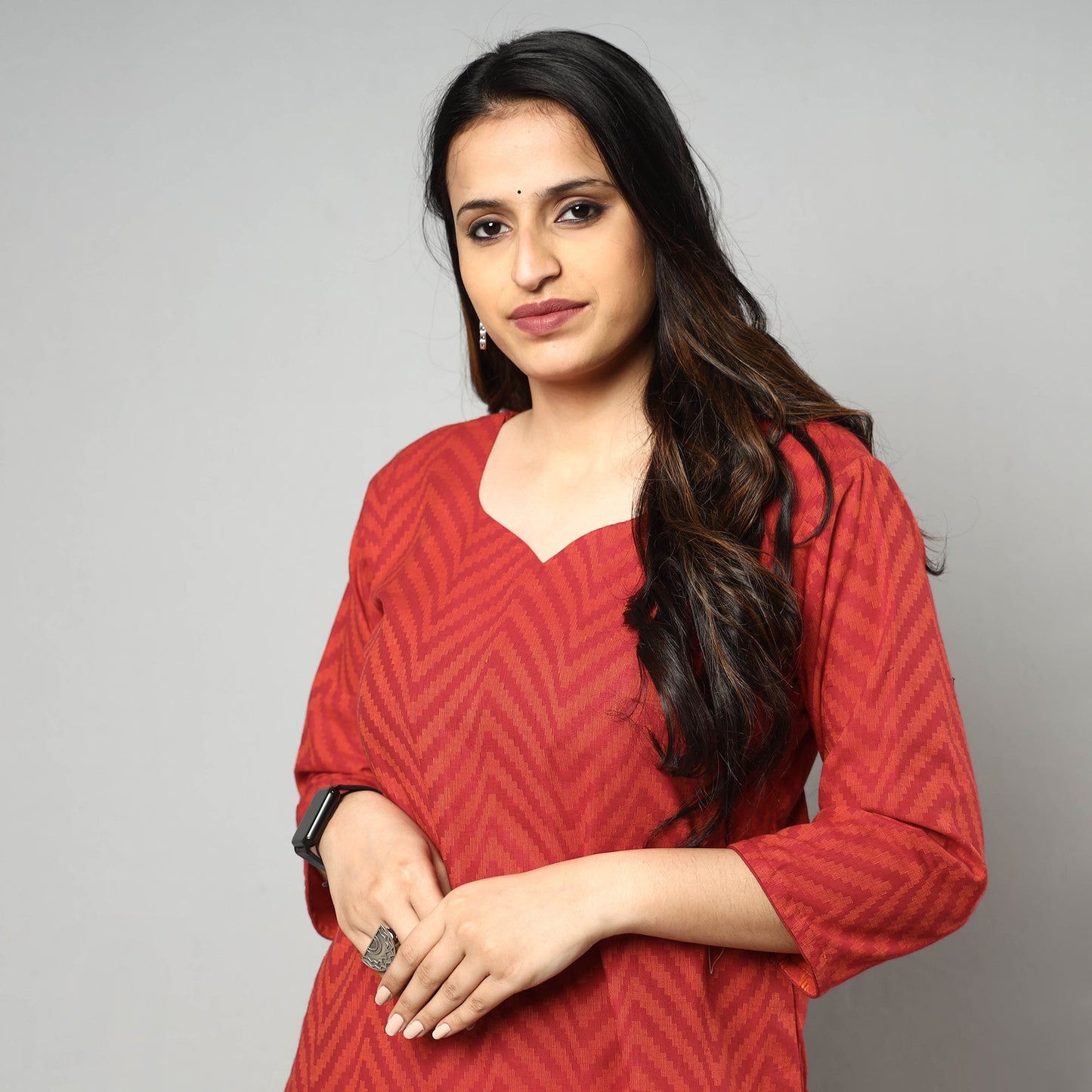 Red - jacquard cotton long kurta - handcrafted