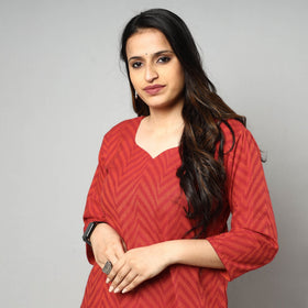 Red - jacquard cotton long kurta - handcrafted
