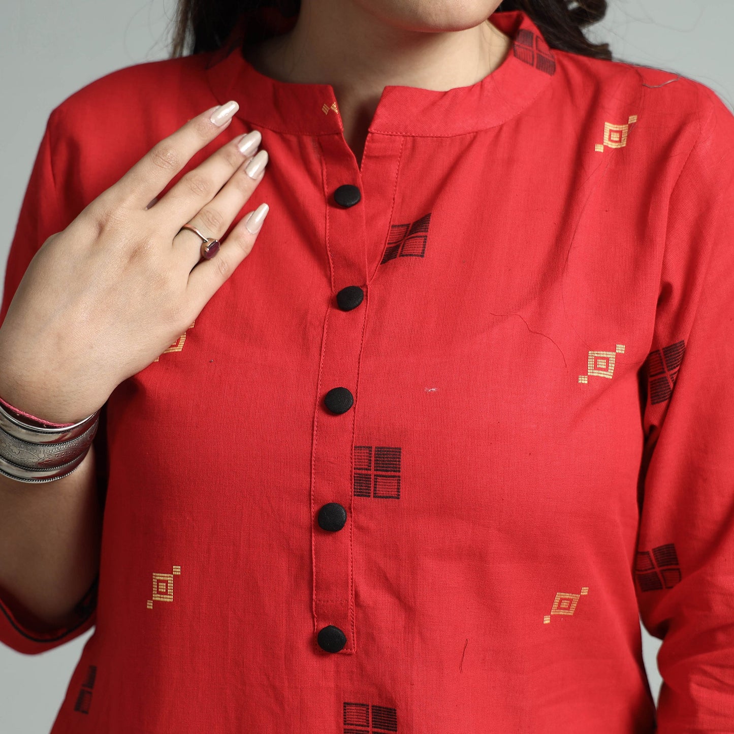 Red - jacquard cotton straight kurta - handcrafted