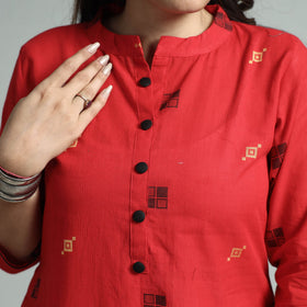 Red - jacquard cotton straight kurta - handcrafted