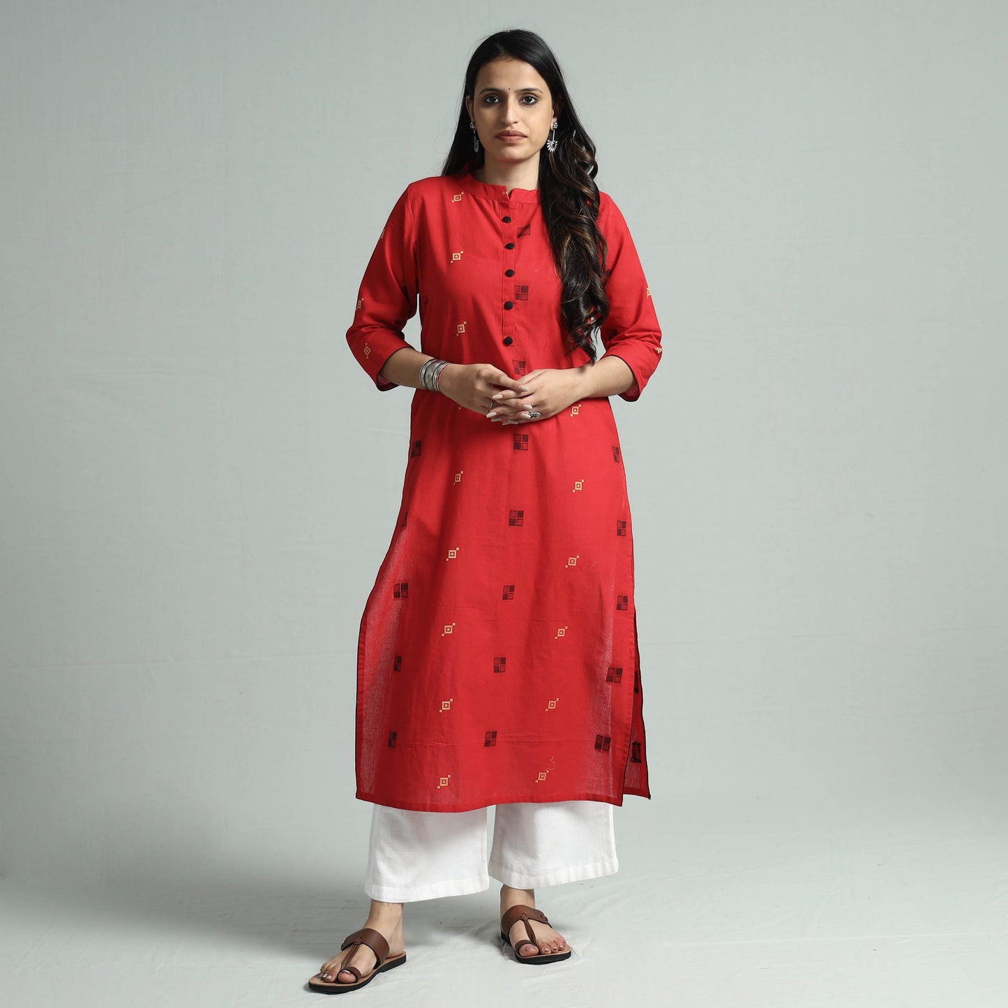 Red - jacquard cotton straight kurta - handcrafted