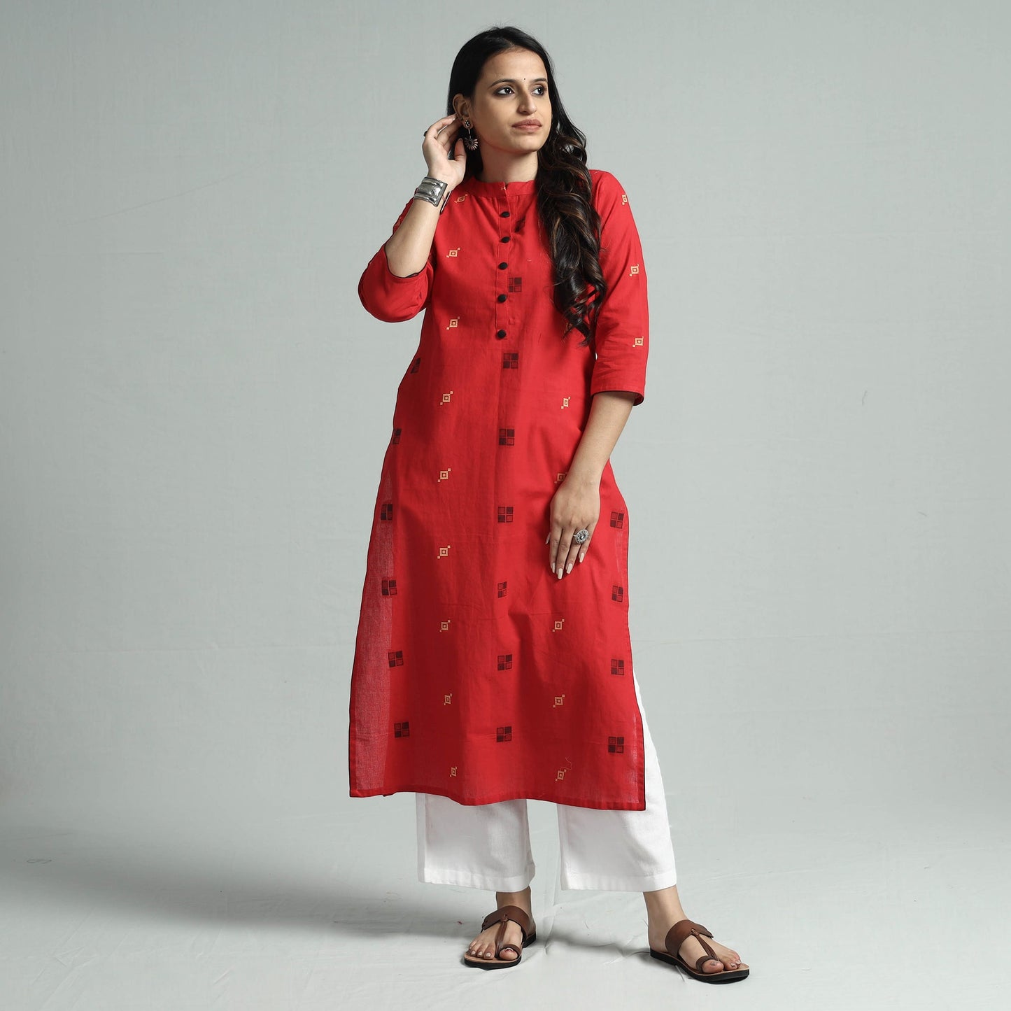 Red - jacquard cotton straight kurta - handcrafted