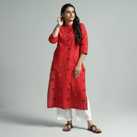 Red - jacquard cotton straight kurta - handcrafted