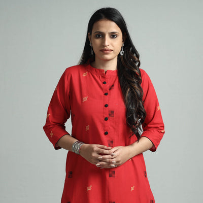 Red - jacquard cotton straight kurta - handcrafted