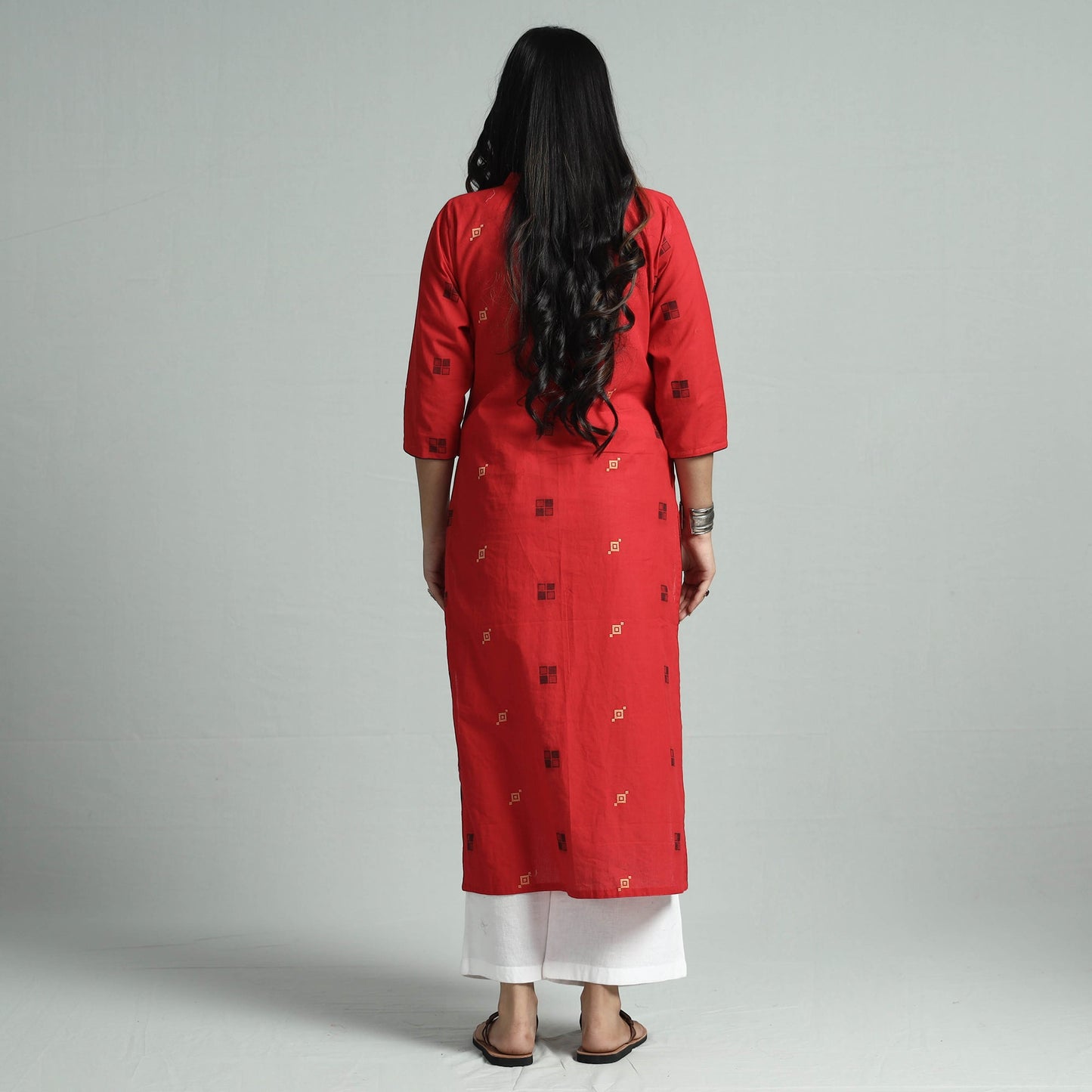 Red - jacquard cotton straight kurta - handcrafted