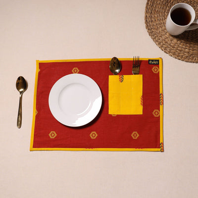 Red Jacquard Cotton Table Mat With Pocket