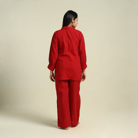  Red Jacquard Cotton Top & Pyjama Night Suit Set