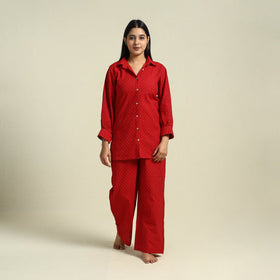 Red Jacquard Cotton Top & Pyjama Night Suit Set