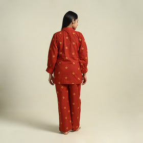  Red Jacquard Cotton Top & Pyjama Night Suit Set
