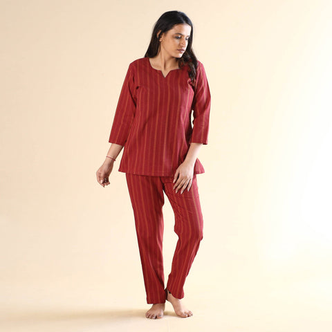 Red jacquard cotton top & pyjama night suit set