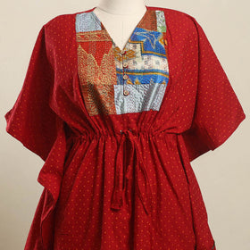 Buy Red Jacquard Kantha Mosaic Fusion Cotton Kaftan