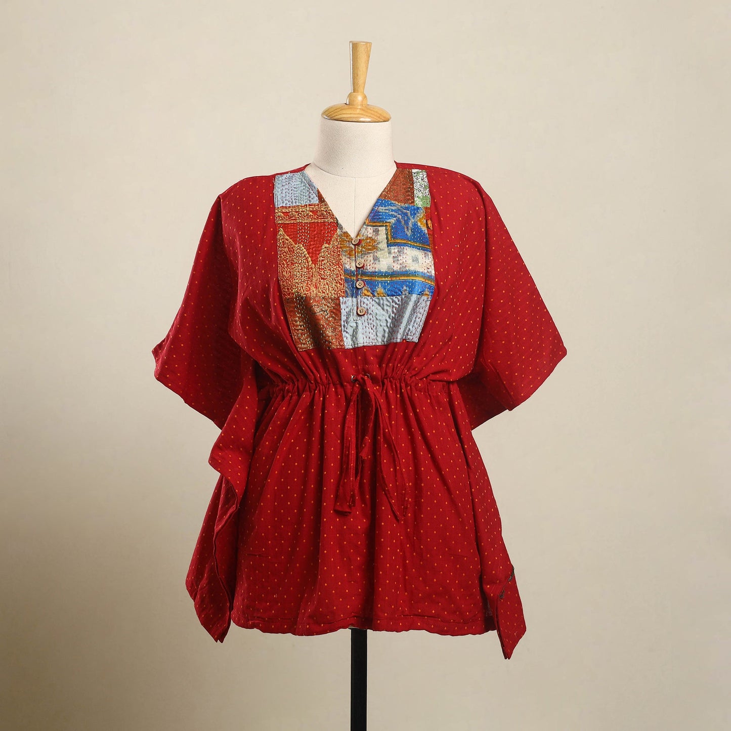 Buy Red Jacquard Kantha Mosaic Fusion Cotton Kaftan