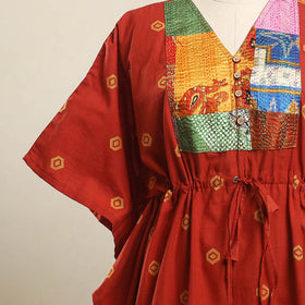 Buy Red Jacquard Kantha Mosaic Fusion Cotton Kaftan