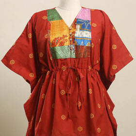 Buy Red Jacquard Kantha Mosaic Fusion Cotton Kaftan